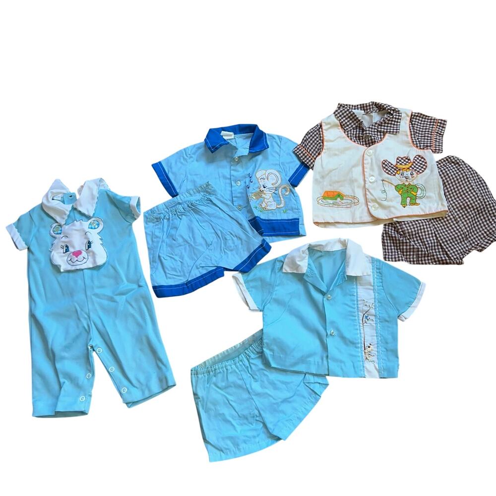 Vintage 1960s baby boy summer outfits  embroidered animal bunnies mice 3-6 mon
